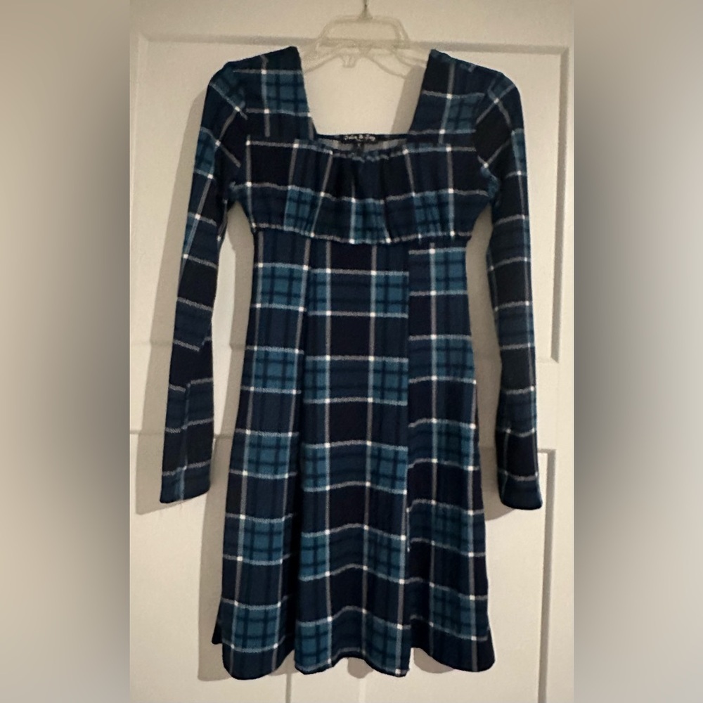 Plaid Long Sleeve Kids Dress - Blue and White